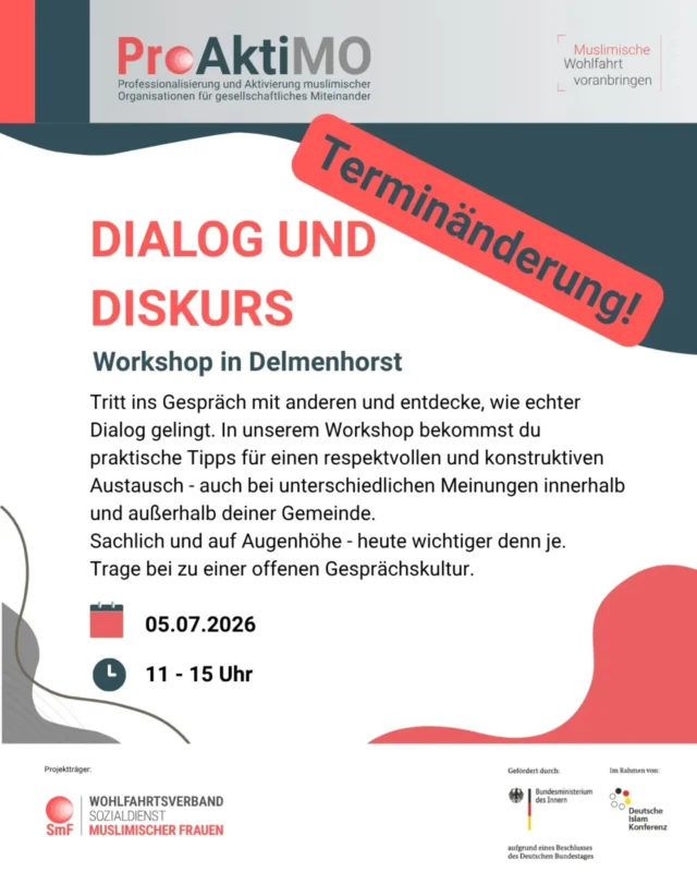 Dialog passiert nicht einfach so – er entsteht, wenn wir bereit sind, einander wirklich zuzuhören. Offenheit, Respekt und Neugier sind dabei der Schlüssel, um Brücken zu bauen – innerhalb und außerhalb deiner Gemeinde.

In unserem Workshop zeigen wir dir, wie konstruktiver Austausch gelingt und wie aus Gesprächen echte Verständigung wächst. Gemeinsam schaffen wir Raum für neue Perspektiven und eine lebendige Gesprächskultur.

🗓️ Sei in Delmenhorst dabei und gestalte den Dialog aktiv mit.

#Dialog #Respekt #ProAktiMO #Workshop #Gemeinschaft